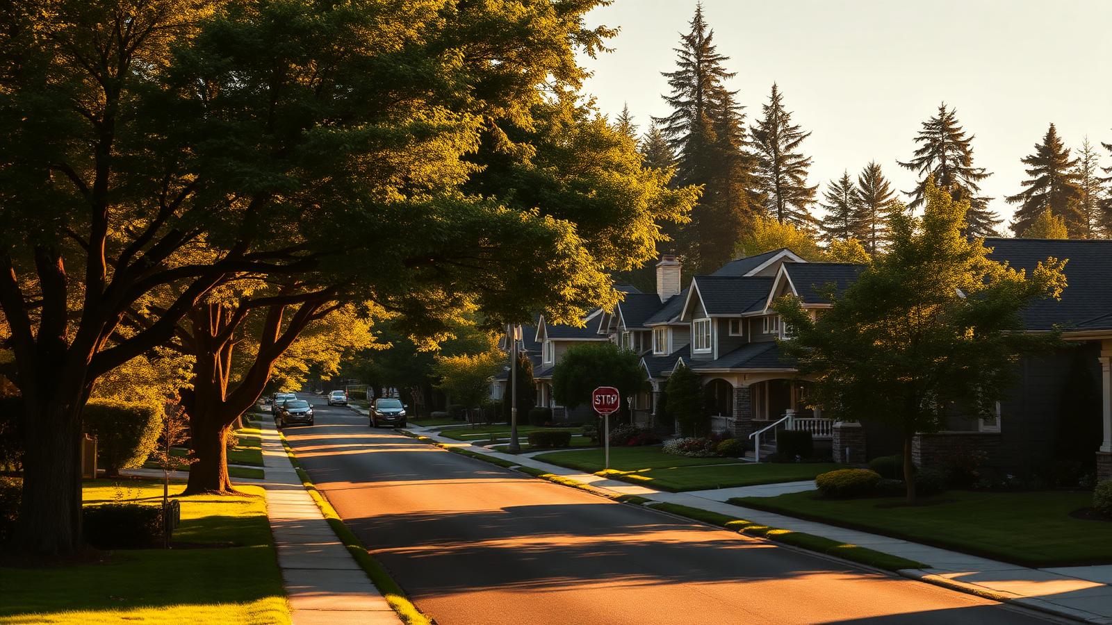 Tree-lined family neighborhood street in Kirkland, Washington at golden hour