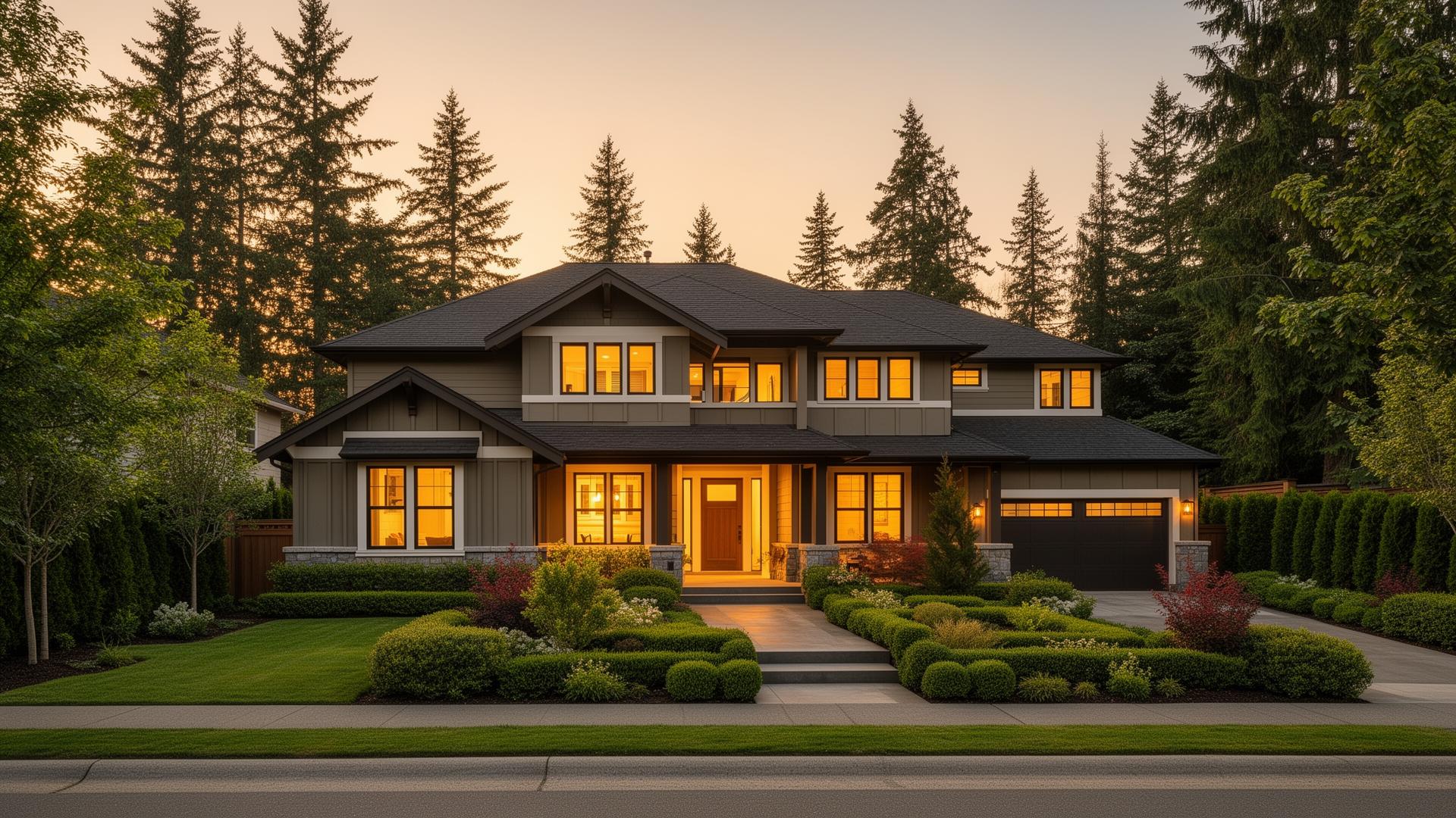 Beautiful modern home exterior in Kirkland, Washington at golden hour