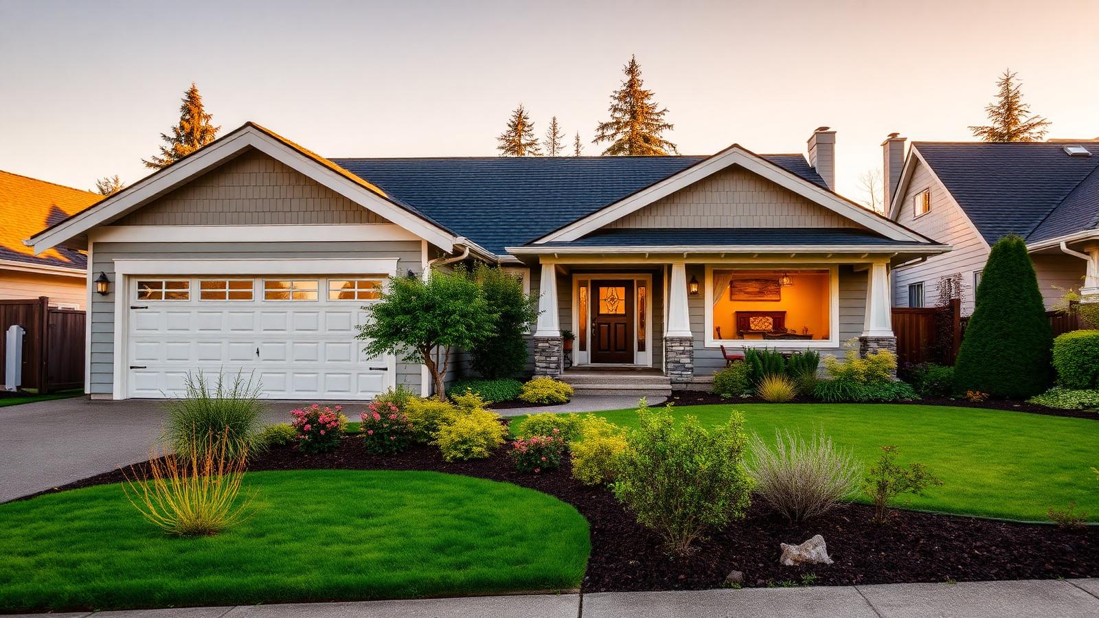 Craftsman-style single-family home with a garage and landscaped front yard in Kirkland, Washington