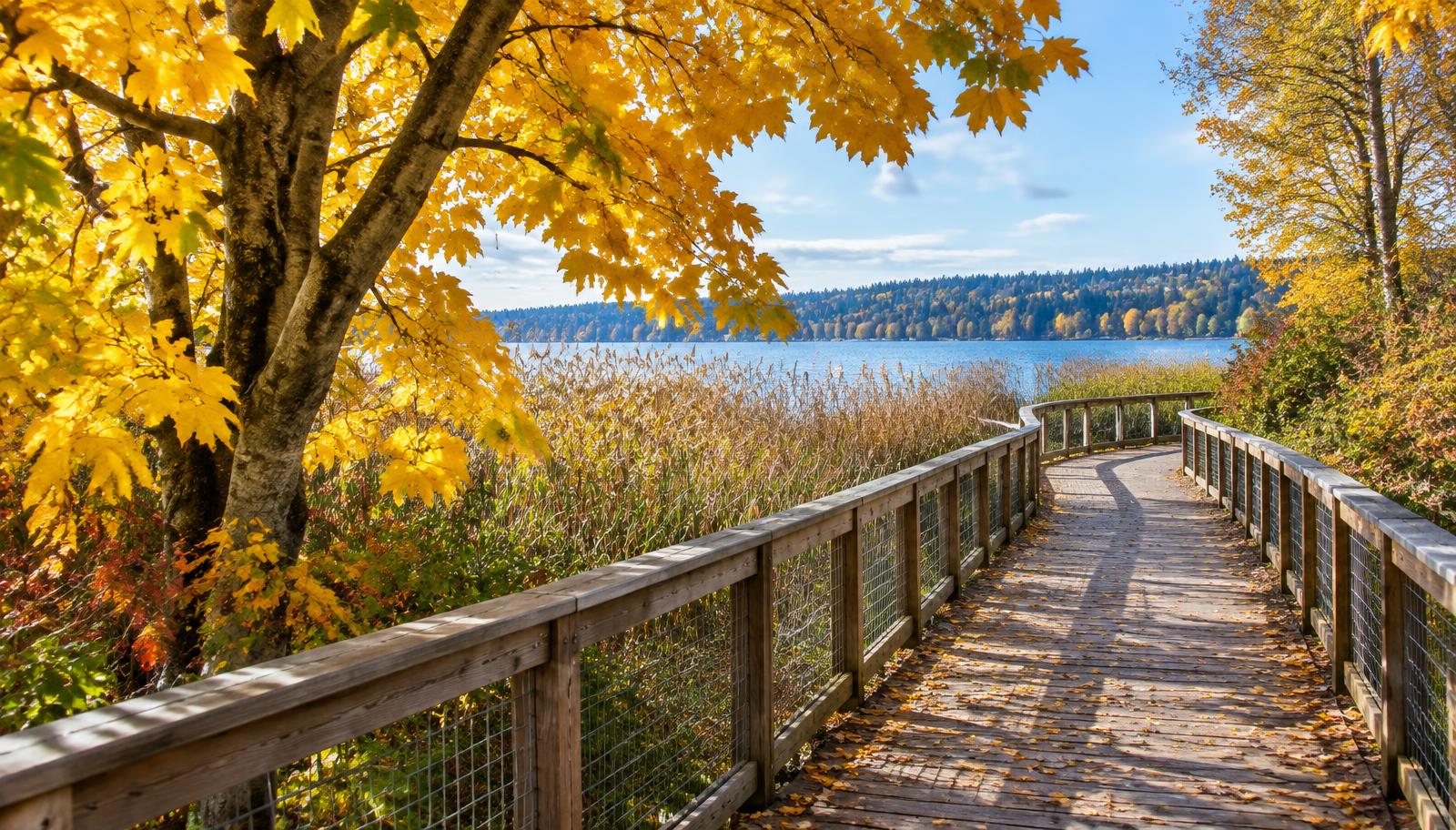 Golden autumn foliage along a boardwalk overlooking the water in Kirkland, Washington