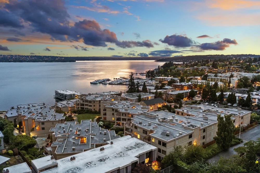 Sunset aerial view of Kirkland neighborhoods and Lake Washington