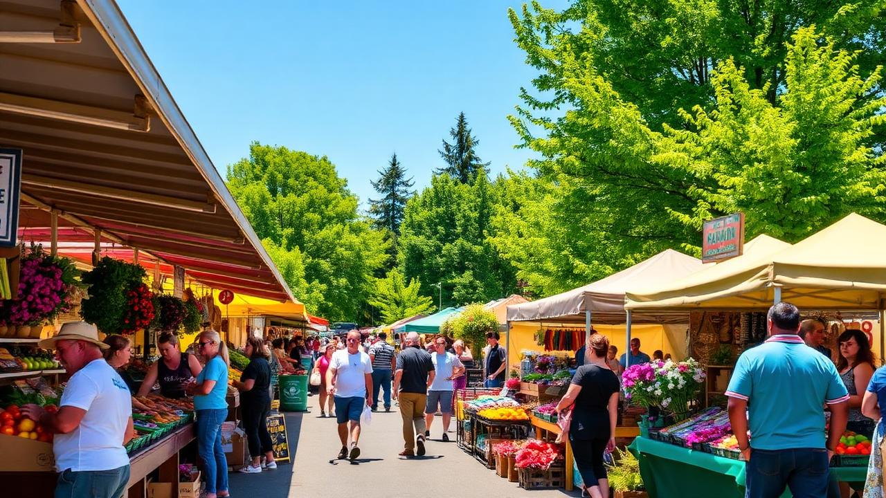Farmers market scene with fresh produce and flowers